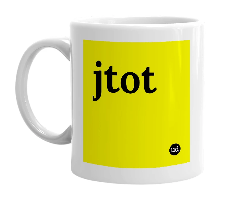 White mug with 'jtot' in bold black letters