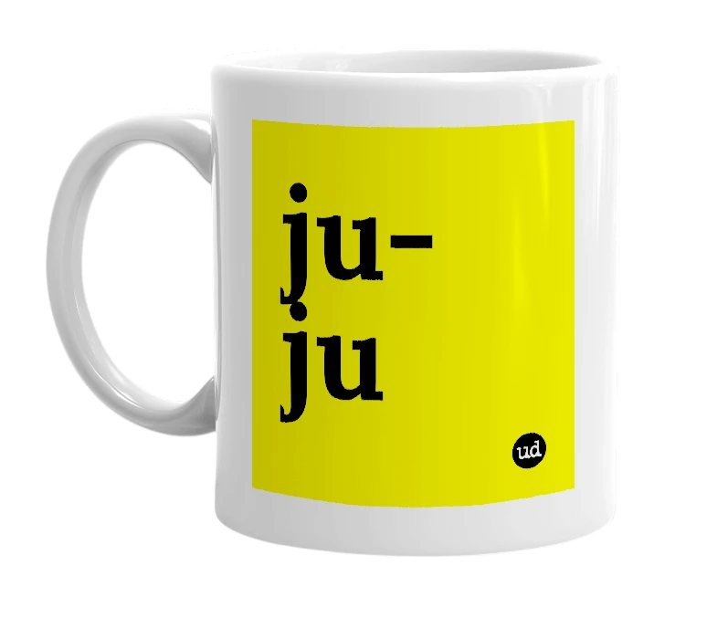 White mug with 'ju-ju' in bold black letters