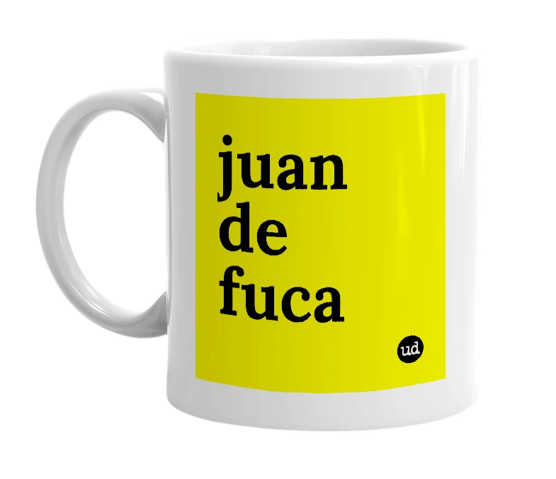 White mug with 'juan de fuca' in bold black letters