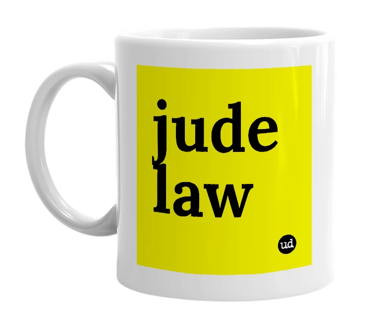 White mug with 'jude law' in bold black letters