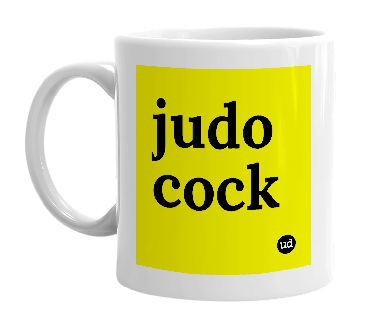 White mug with 'judo cock' in bold black letters