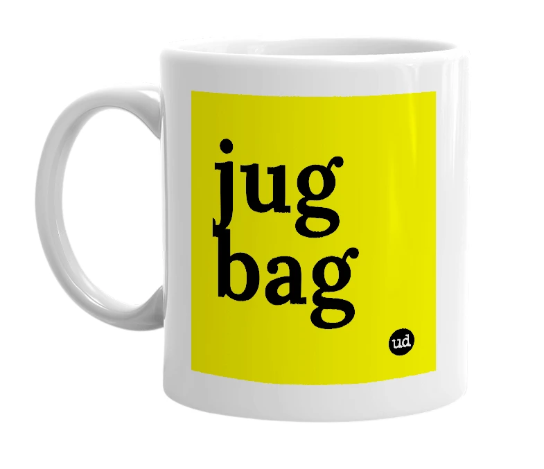 White mug with 'jug bag' in bold black letters