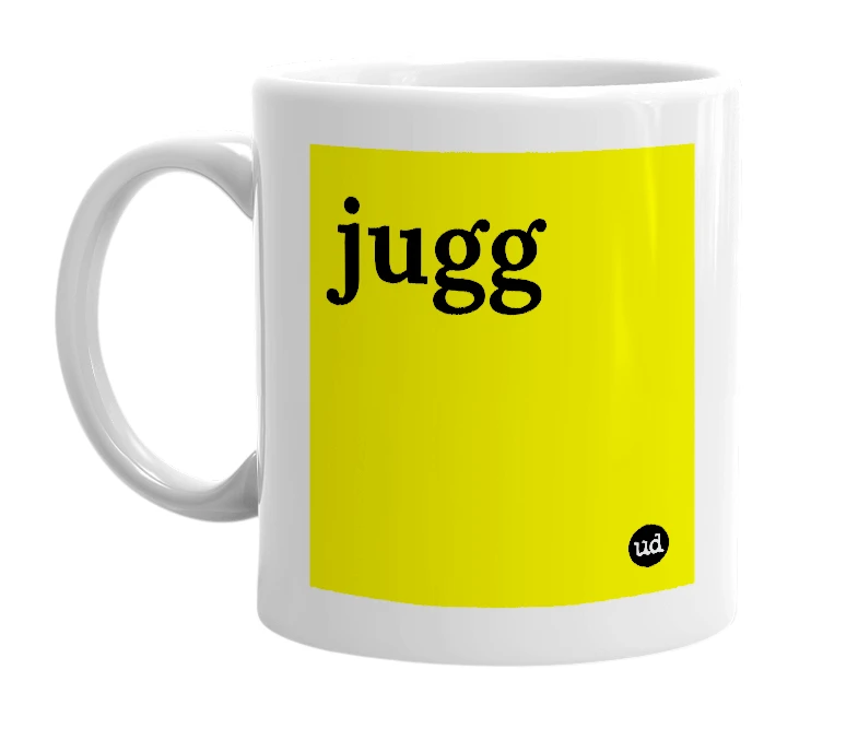 White mug with 'jugg' in bold black letters