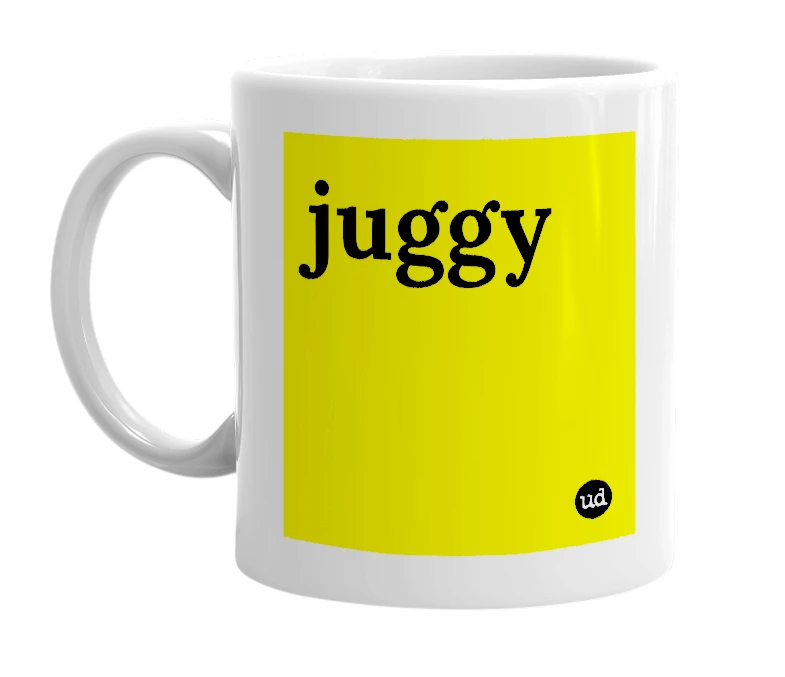 White mug with 'juggy' in bold black letters