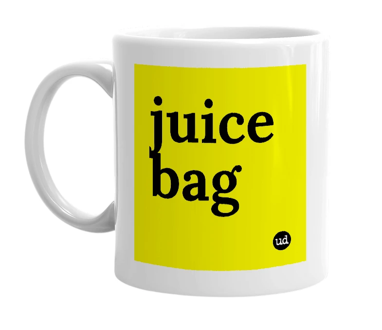 White mug with 'juice bag' in bold black letters