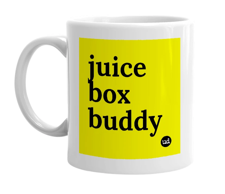 White mug with 'juice box buddy' in bold black letters