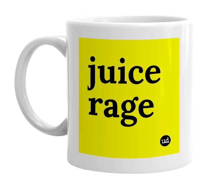 White mug with 'juice rage' in bold black letters