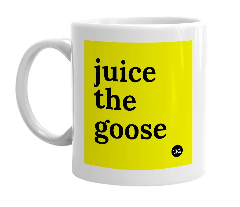 White mug with 'juice the goose' in bold black letters