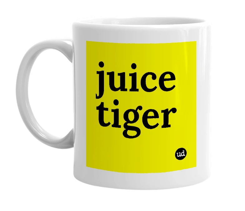 White mug with 'juice tiger' in bold black letters
