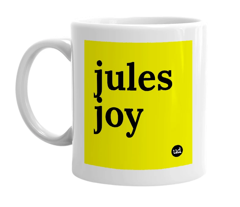 White mug with 'jules joy' in bold black letters