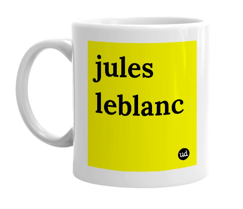 White mug with 'jules leblanc' in bold black letters