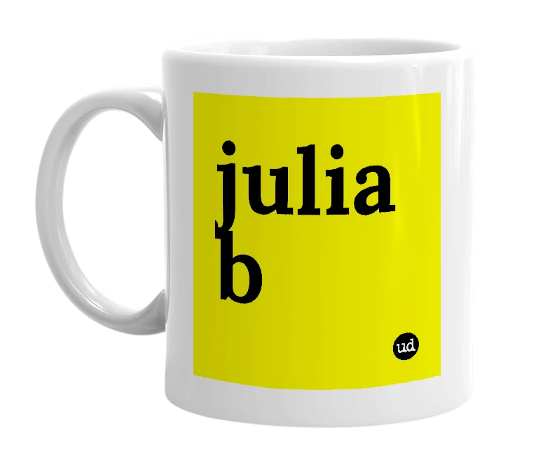 White mug with 'julia b' in bold black letters