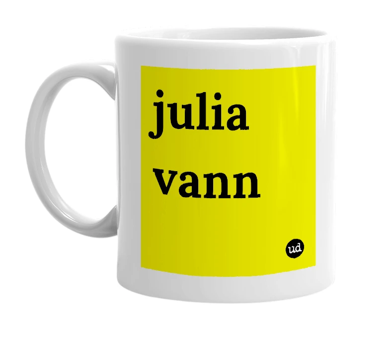 White mug with 'julia vann' in bold black letters