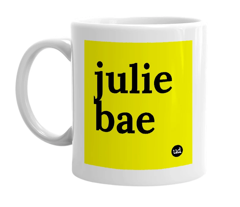 White mug with 'julie bae' in bold black letters