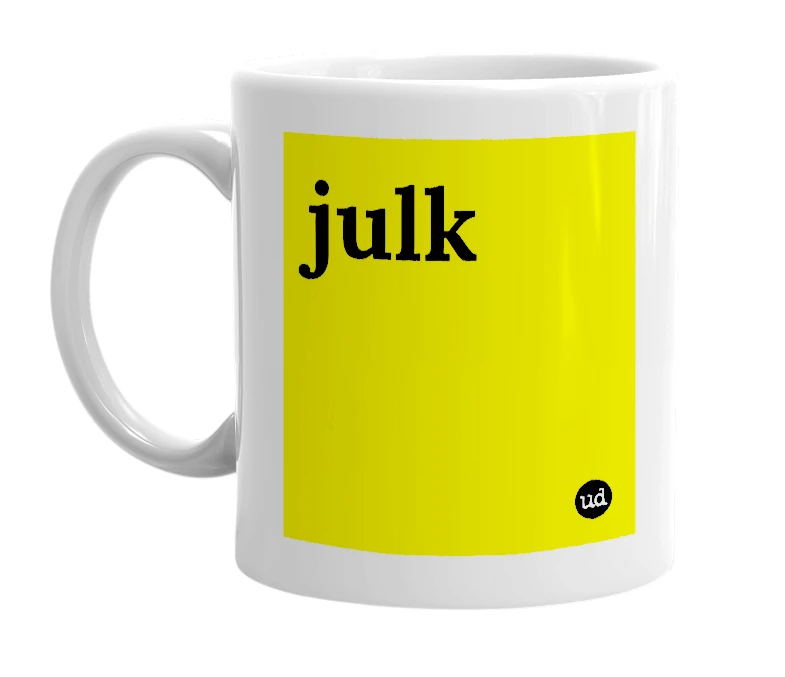 White mug with 'julk' in bold black letters