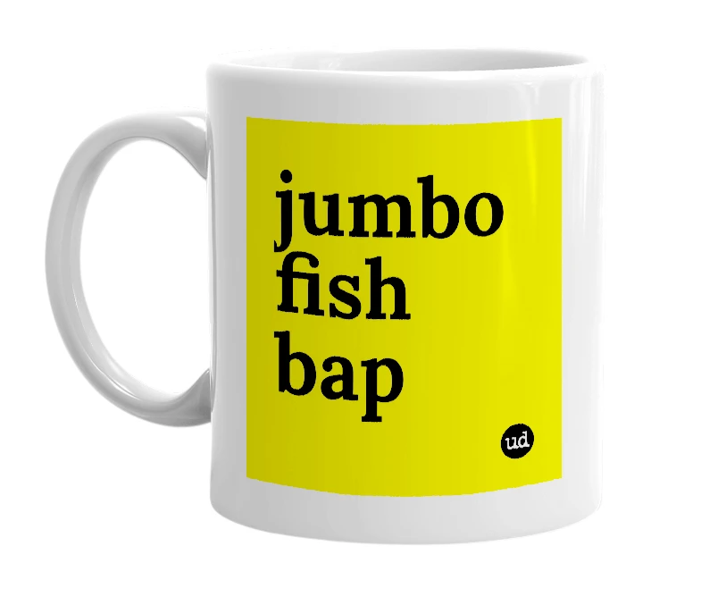 White mug with 'jumbo fish bap' in bold black letters