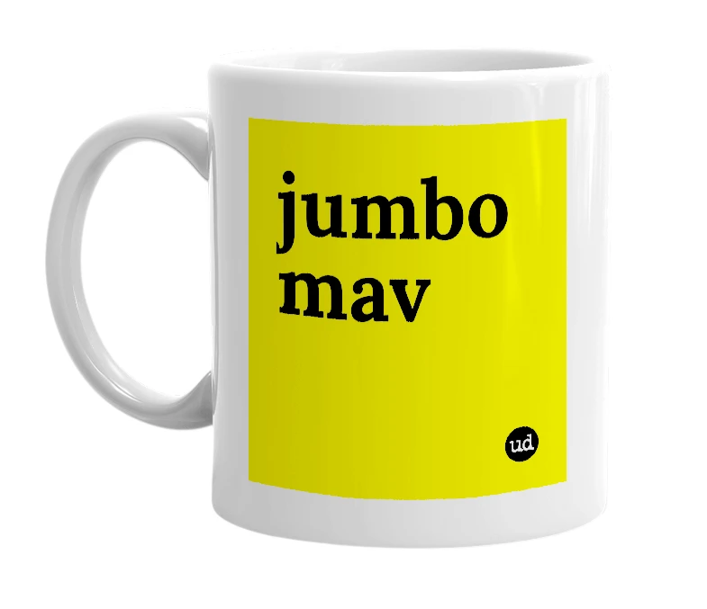 White mug with 'jumbo mav' in bold black letters