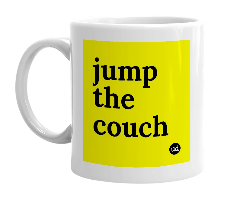 White mug with 'jump the couch' in bold black letters
