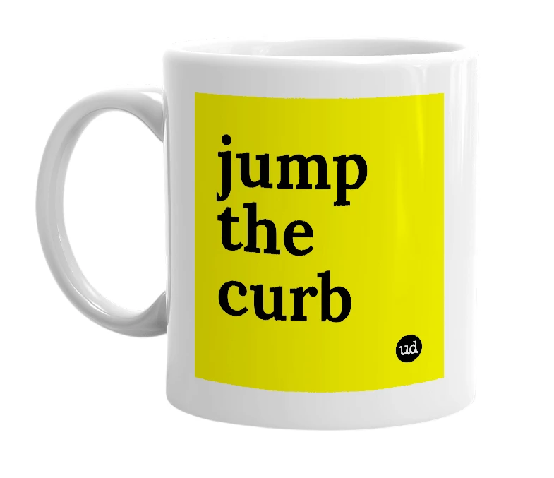 White mug with 'jump the curb' in bold black letters