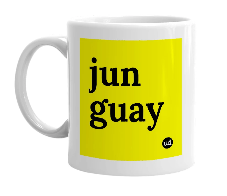 White mug with 'jun guay' in bold black letters