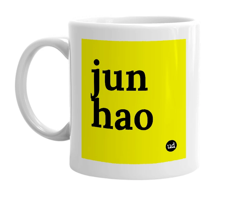 White mug with 'jun hao' in bold black letters