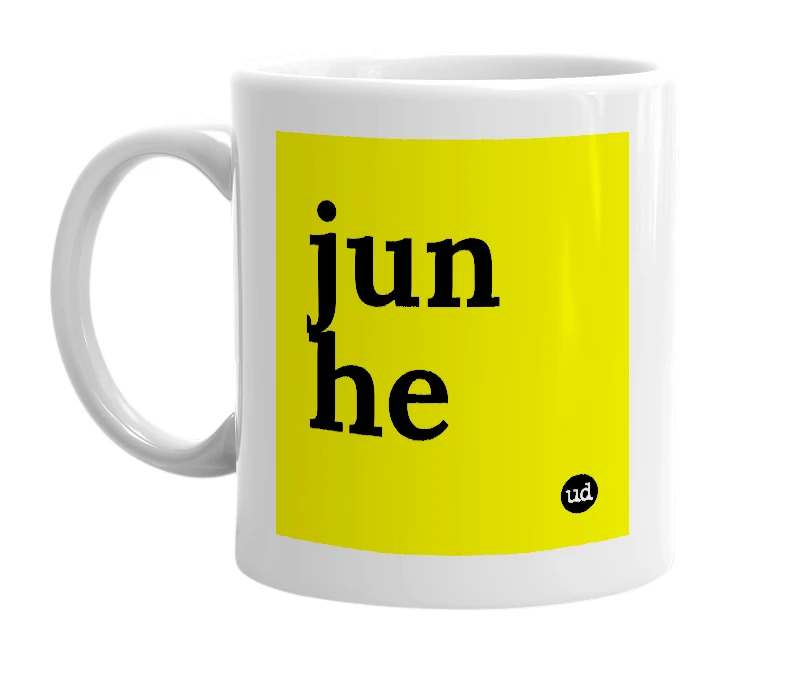 White mug with 'jun he' in bold black letters