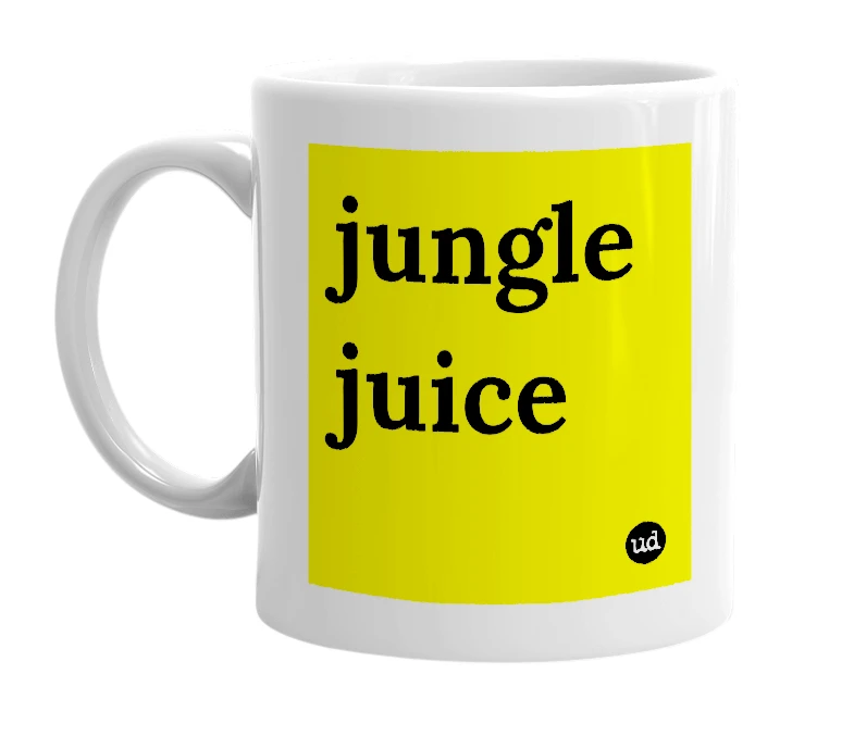 White mug with 'jungle juice' in bold black letters