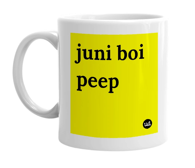 White mug with 'juni boi peep' in bold black letters