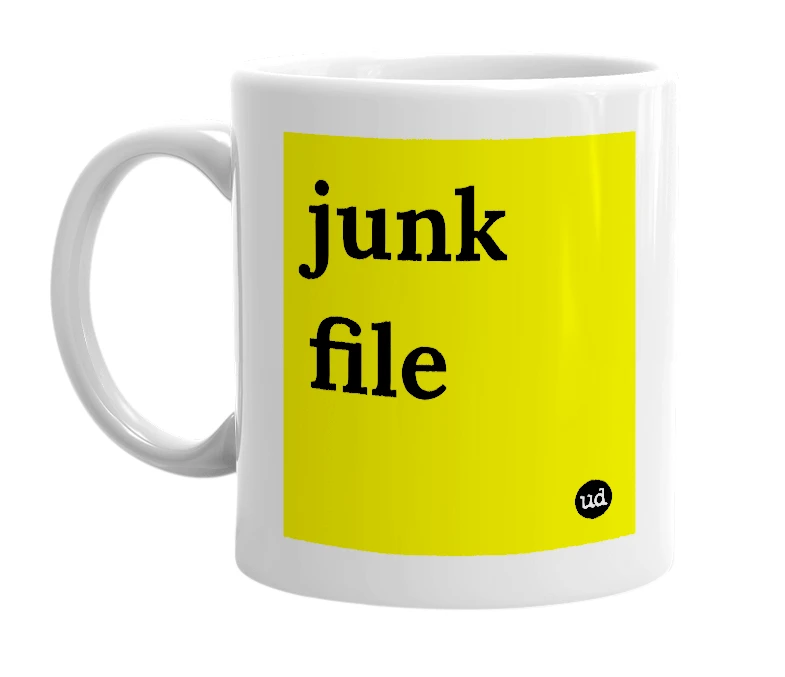 White mug with 'junk file' in bold black letters