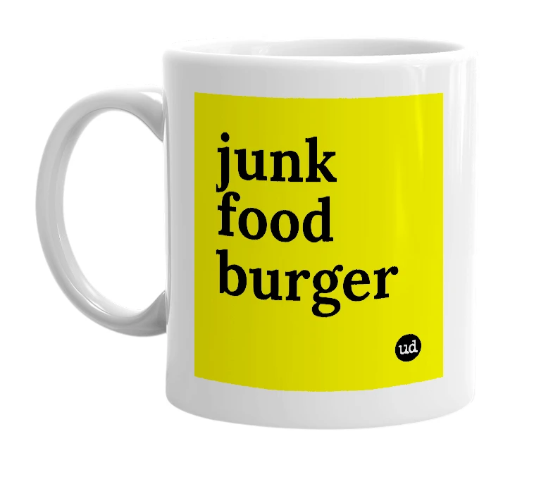 White mug with 'junk food burger' in bold black letters