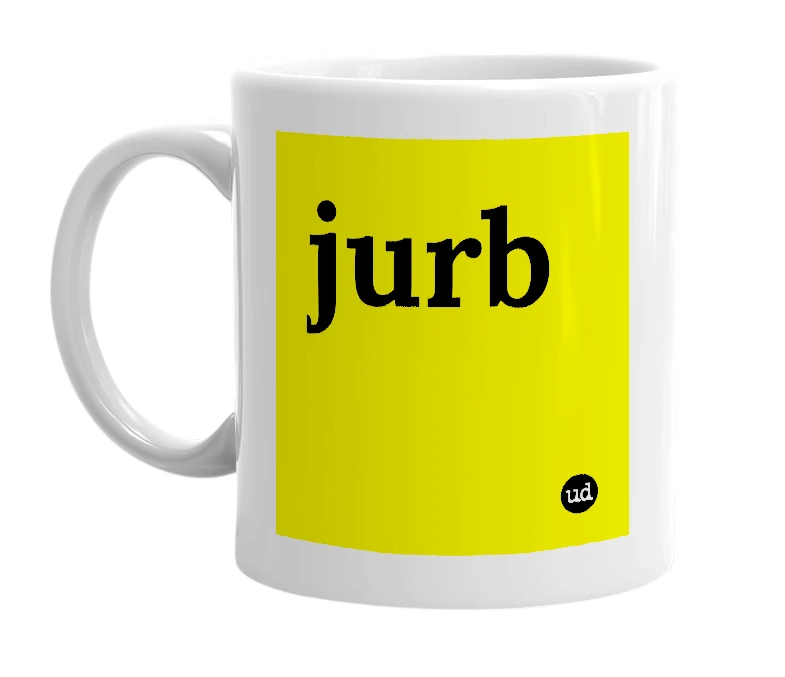 White mug with 'jurb' in bold black letters