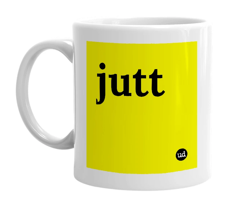 White mug with 'jutt' in bold black letters