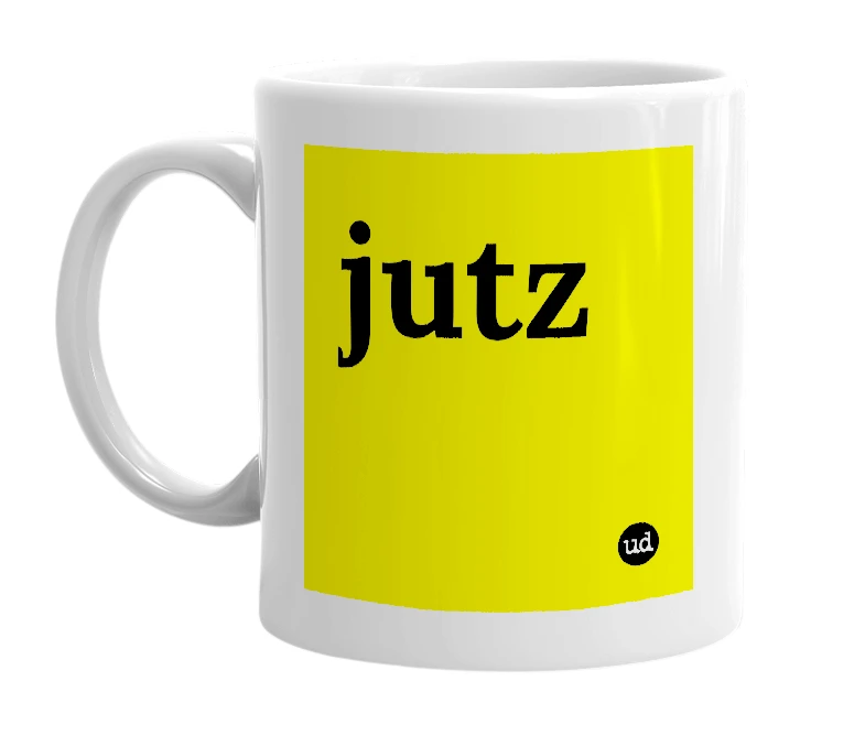 White mug with 'jutz' in bold black letters
