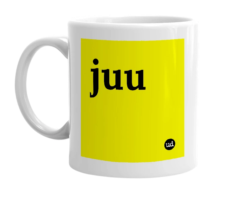 White mug with 'juu' in bold black letters