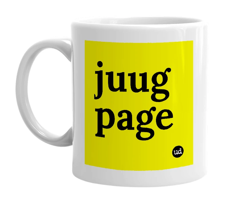 White mug with 'juug page' in bold black letters