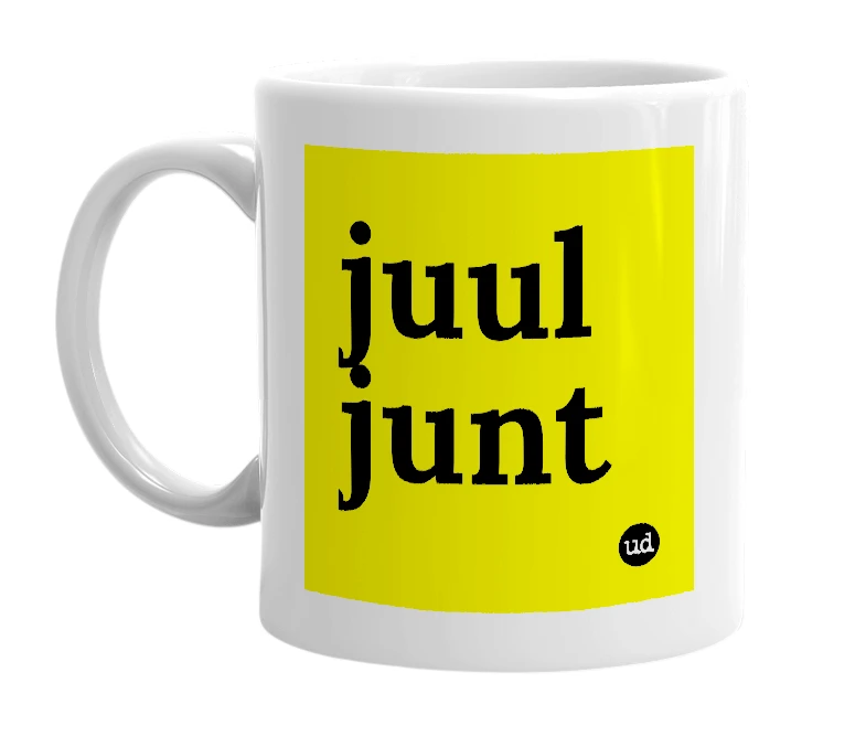 White mug with 'juul junt' in bold black letters