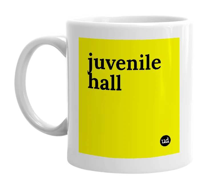 White mug with 'juvenile hall' in bold black letters
