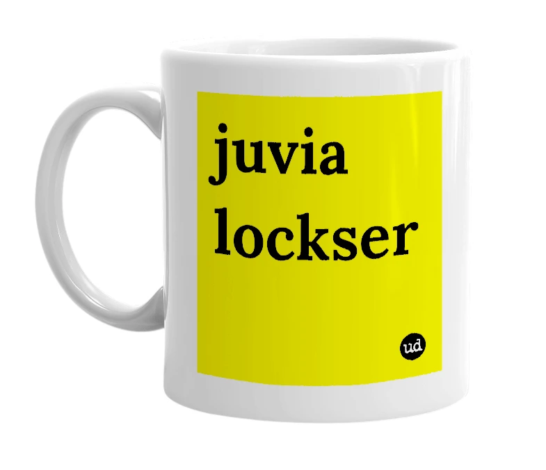 White mug with 'juvia lockser' in bold black letters