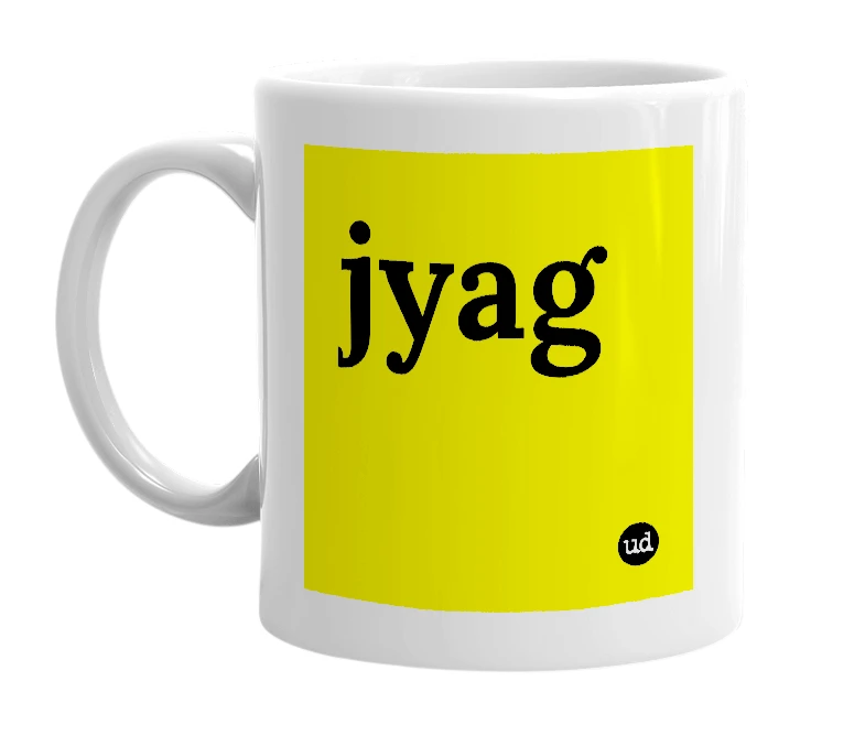 White mug with 'jyag' in bold black letters