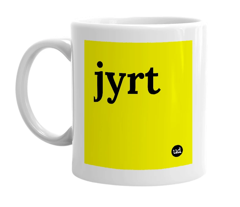 White mug with 'jyrt' in bold black letters