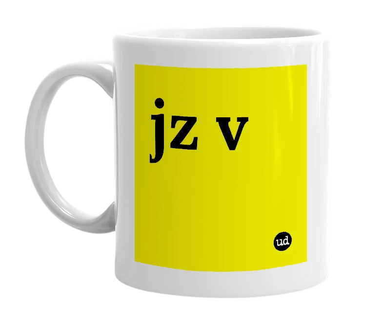 White mug with 'jz v' in bold black letters