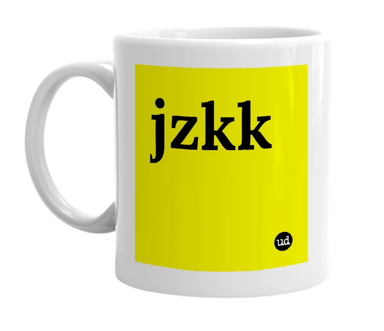 White mug with 'jzkk' in bold black letters