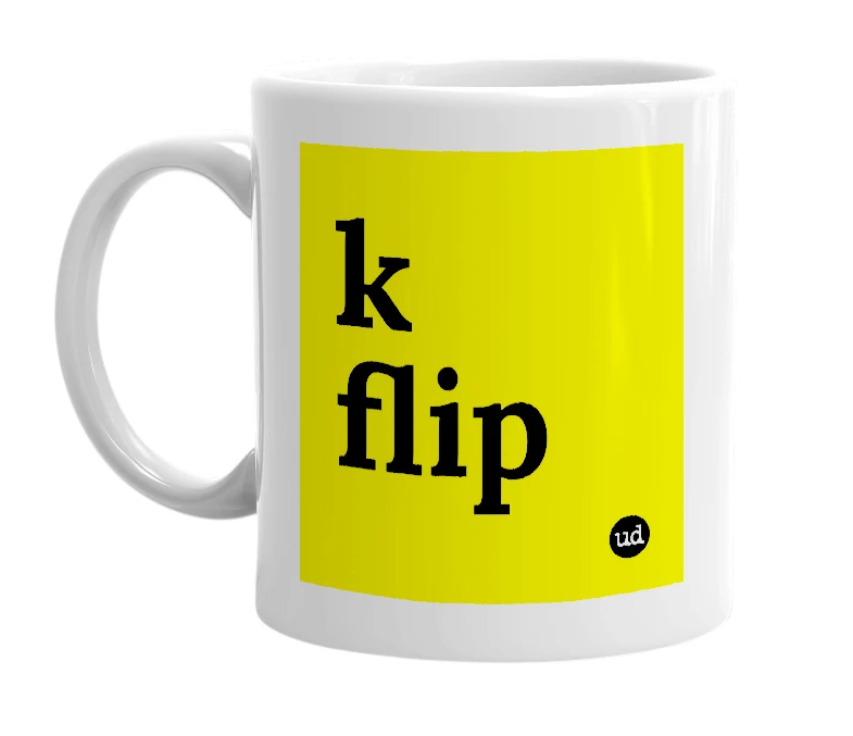 White mug with 'k flip' in bold black letters