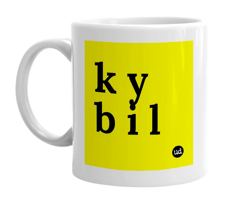 White mug with 'k y b i l' in bold black letters