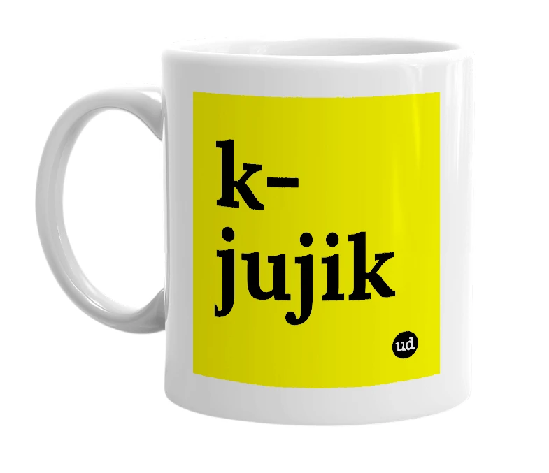 White mug with 'k-jujik' in bold black letters