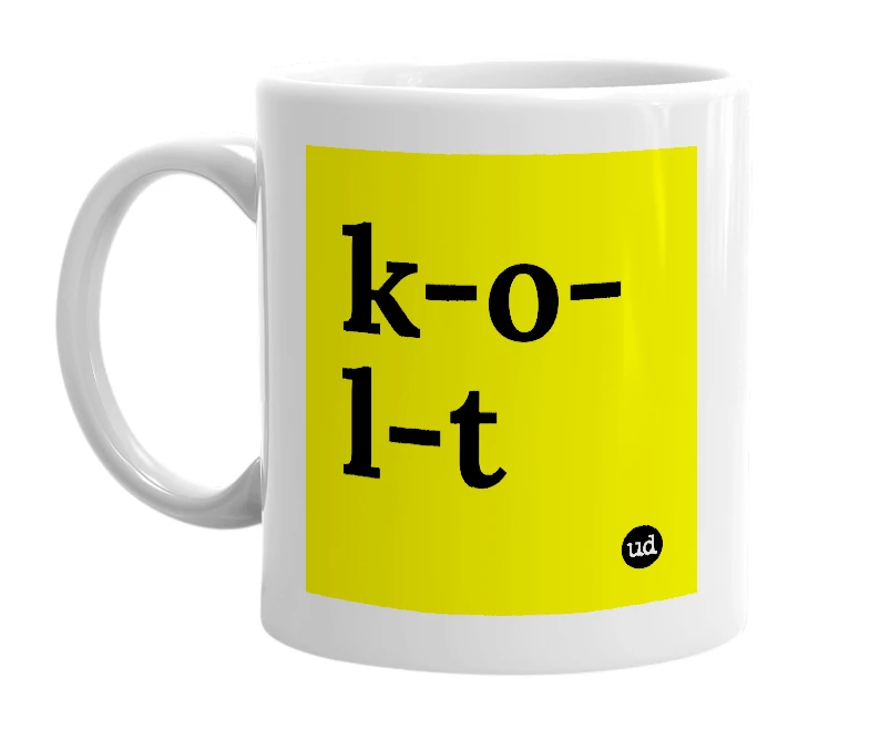White mug with 'k-o-l-t' in bold black letters