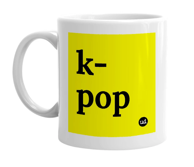 White mug with 'k-pop' in bold black letters