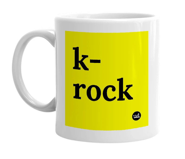 White mug with 'k-rock' in bold black letters