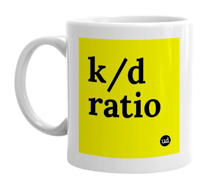 White mug with 'k/d ratio' in bold black letters