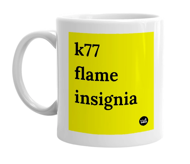 White mug with 'k77 flame insignia' in bold black letters